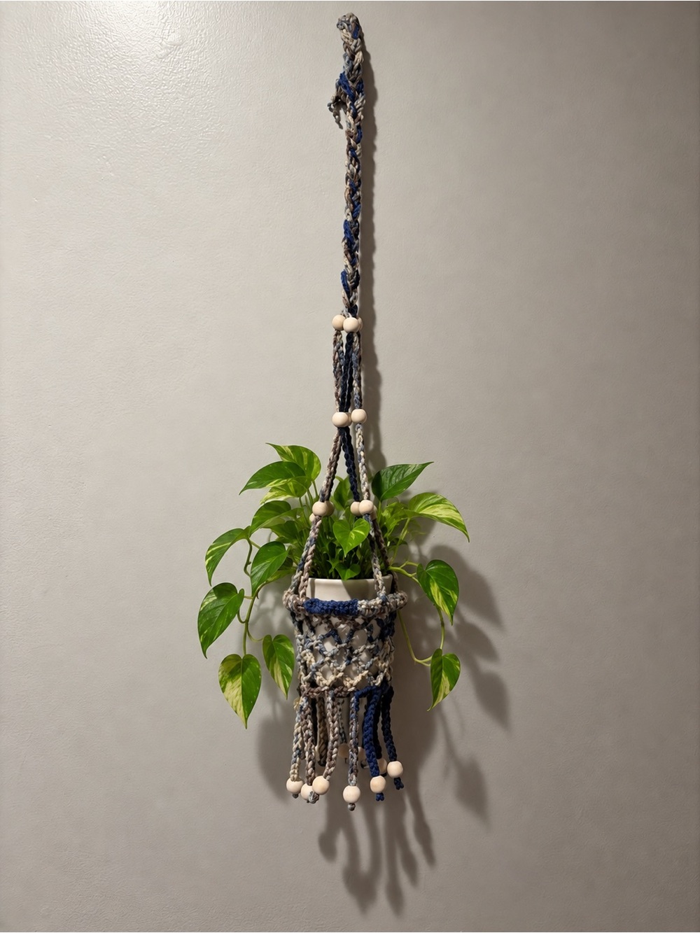 Hand Crafted Blue and Cream Macramé Plant Hanger with Wooden Beads